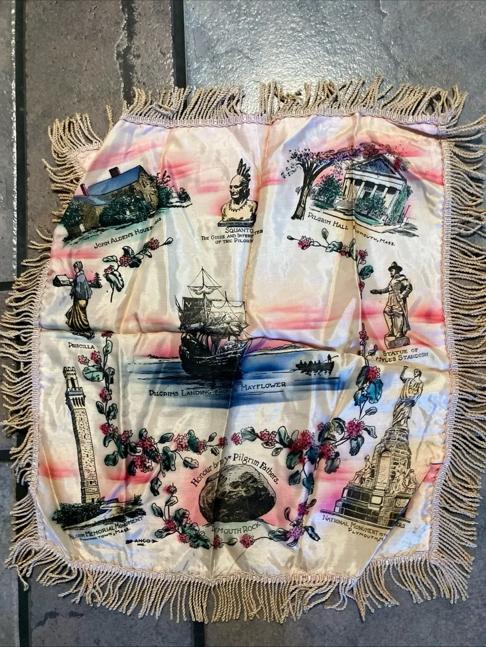 Vintage Plymouth Souvenir Fringe pillow case- Pink, Blue, Cream